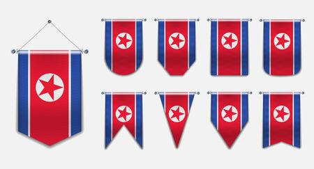 Set of hanging flags of the NORTH KOREA with textile texture. Diversity shapes of the national flag country. Vertical Template Pennant for background, banner, web site, logo,award, achievement, festival.のイラスト素材