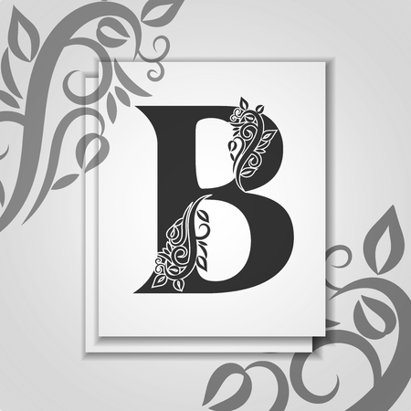 Premium letter B with Elegant floral contour for initials. Luxury card letter B. Universal symbol template for design, business card, monogram, logotype, restaurant, boutique, hotel, heraldic.のイラスト素材