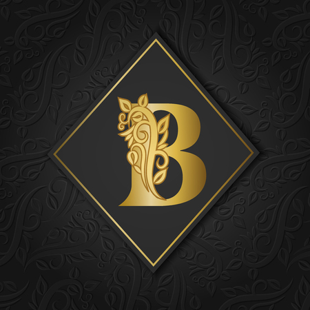 Golden letter B with elegant floral contour isolated on colorful separate background.のイラスト素材