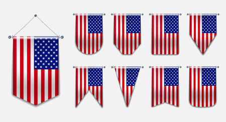 Set of hanging flags of the USA with textile texture. Diversity vertical isolated 3D shapes of the national flag of country.Vertical Template pennant for background, banner, web, award, festival.EPS10のイラスト素材