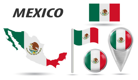 MEXICO. Flag, map pointer, button, waving flag, symbol, flat icon and map in the colors of the national flag. Vector illustration of collection of national symbols on various objects.のイラスト素材