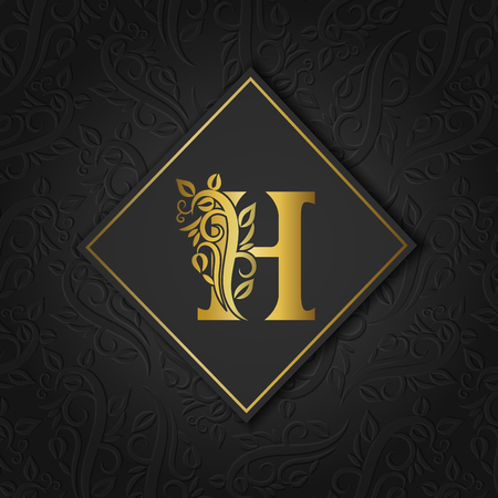 Golden letter H with elegant floral contour isolated on colorful separate background. Premium letter H or background can use separately. Great H, monogram, invitation, flyer, menu, brochure.のイラスト素材