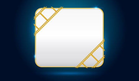 White blank screen with film strip frame isolated on blue background. Design template cinema with space for your text. Vector cinema festival poster, flyer background. Cinema concept. 3d style. EPS 10のイラスト素材
