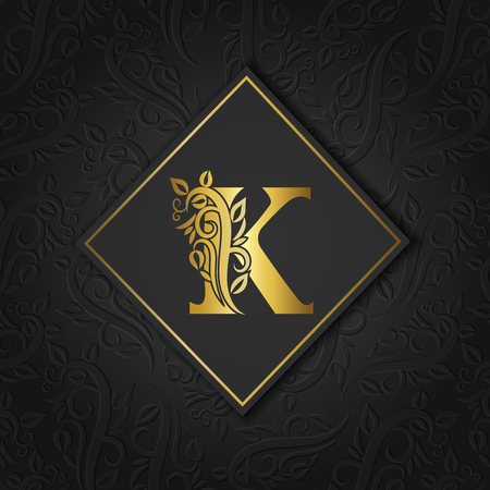 Golden letter K with elegant floral contour isolated on colorful separate background. Premium letter K or background great for, monogram, invitation, flyer, menu, brochure, card, cover, fashionのイラスト素材