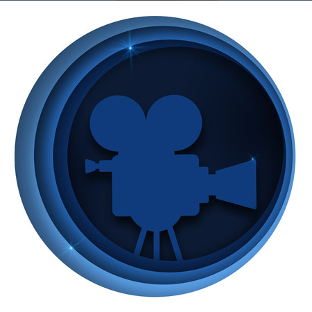 Vector paper cut cinema decorations with film projector, audience in circle frame. Design layout for cinema festival poster or banner, flyer, card, brochure cover.Abstract paper art style.のイラスト素材