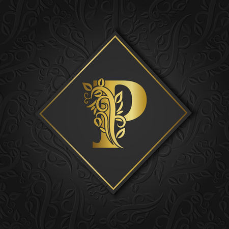 Golden letter P with elegant floral contour isolated on colorful separate background. Premium letter P or background can use separately. Great for monogram, invitation, flyer, menu, brochure.のイラスト素材