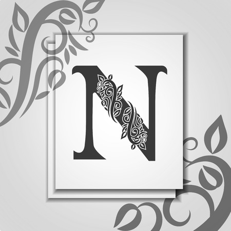 Premium letter N with Elegant floral contour for initials. Letter N isolated on modern card. Universal symbol template for design, business or wedding card, monogram, restaurant, cover.のイラスト素材