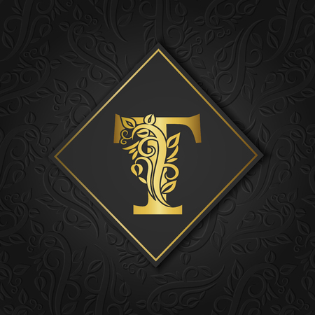 Golden letter T with elegant floral contour isolated on colorful separate background. Premium letter T or background great for monogram, invitation, flyer, menu, brochure, card, cover, fashion.のイラスト素材
