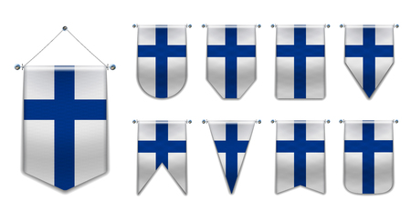 Set of hanging flags of the FINLAND with textile texture. Diversity shapes of the national flag country. Vertical Template Pennant for background, banner, web site, logo,award, achievement, festivalのイラスト素材