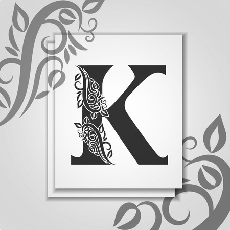 Premium letter K with Elegant floral contour for initials. Letter K isolated on modern card. Universal symbol template for design, business or wedding card, monogram, restaurant, cover.のイラスト素材