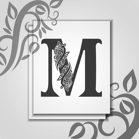 Premium letter M with Elegant floral contour for initials. Letter M isolated on modern card. Universal symbol template for design, business or wedding card, monogram, restaurant, cover.のイラスト素材