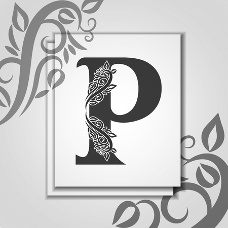 Premium letter P with Elegant floral contour for initials. Letter P isolated on modern card. Universal symbol template for design, business or wedding card, monogram, restaurant, cover.のイラスト素材