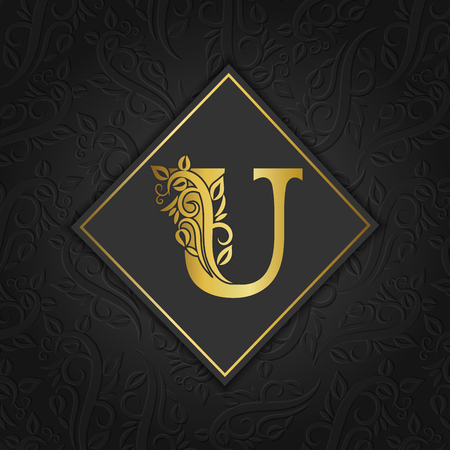 Golden letter U with elegant floral contour isolated on colorful separate background. Premium letter U or background great for monogram, invitation, flyer, menu, brochure, card, cover, fashion.のイラスト素材