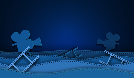 Paper cut cinema decorations with film strip frame isolated on blue background. 35 mm camera diapositive for design layout cinema. Template cinema with space for your text. Abstract paper art style.のイラスト素材