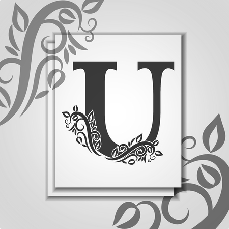 Premium letter U with Elegant floral contour for initials. Letter U isolated on modern card. Universal symbol template for design, business or wedding card, monogram, restaurant, coverのイラスト素材