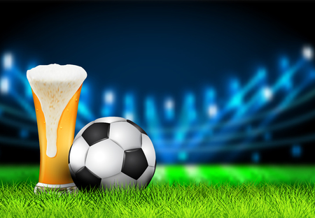 Football arena field with bright stadium lights design. Realistic 3D Soccer ball and Glass of beer on the green grass stadium at night. Soccer sport vector background concept.のイラスト素材