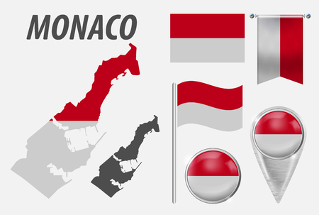 MONACO. Collection of symbols in colors national flag on various objects isolated on white background. Flag, pointer, button, waving and hanging flag, detailed outline map and country inside flag. EPSのイラスト素材