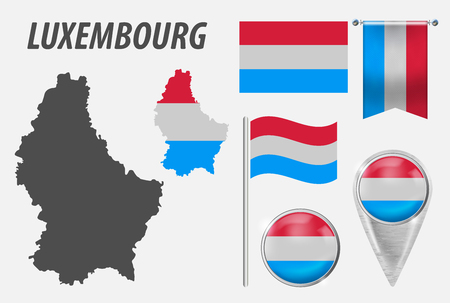 LUXEMBOURG. Collection of symbols in colors national flag on various objects isolated on white background. Flag, pointer, button, waving and hanging flag, detailed outline map and country inside flag.のイラスト素材