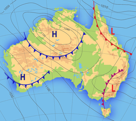 Weather forecast. Meteorological weather map of the AUSTRALIA. Realistic synoptic map Australia with aditable generic map showing isobars and weather fronts. Topography and physical map.のイラスト素材