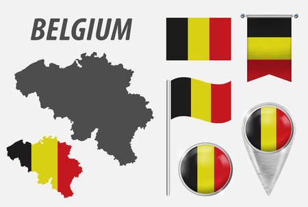 Belgium. Collection of symbols in colors national flag on various objects isolated on white background. Flag, pointer, button, waving and hanging flag, detailed outline map and country inside flag.のイラスト素材