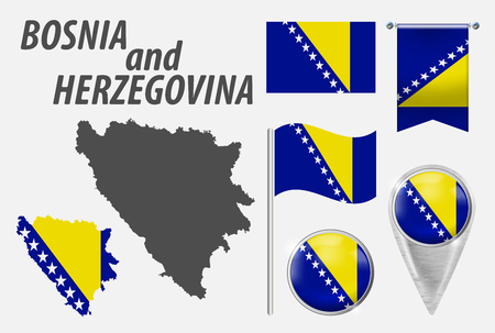 Bosnia and Herzegovina. Set of symbols in colors national flag on various objects on white background. Flag, pointer, button, waving and hanging flag, detailed outline map and country inside flag.のイラスト素材