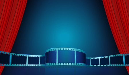 Film strip frame behind Red Curtains. Vector cinema festival poster, banner or flyer background. Art design reel cinema filmstrip template. Movie time and entertainment concept.のイラスト素材