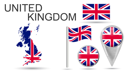 UNITED KINGDOM. UK Flag Collection. Colorful flag, map pointer and map of GREAT BRITAIN. in the colors of the national flag. Vector illustration of collection of national symbols on various objects.のイラスト素材