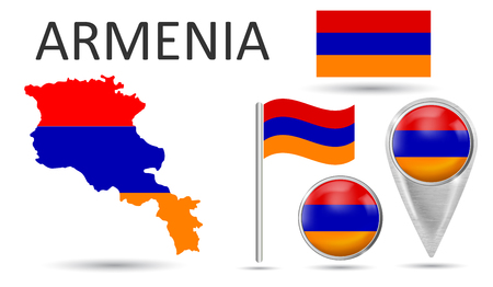 ARMENIA. Flag, map pointer, button, waving flag, symbol, flat icon and map in the colors of the national flag. Vector illustration of collection of national symbols on various objects.のイラスト素材
