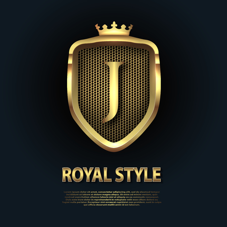 Letter J on the shield with crown isolated on dark background. Golden 3D initial business vector template. Luxury, elegant, glamour, fashion, boutique for branding purpose. Unique classy concept.のイラスト素材