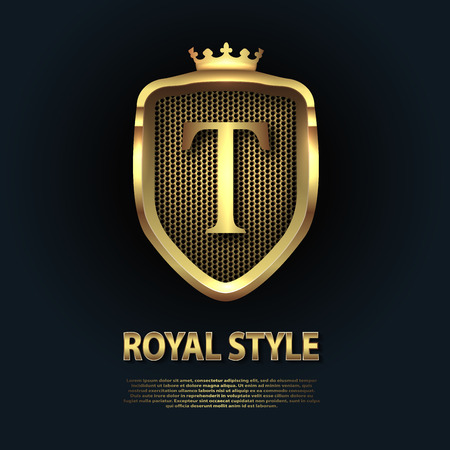 Letter T on the shield with crown isolated on dark background. Golden 3D initial business vector template. Luxury, elegant, glamour, fashion, boutique for branding purpose. Unique classy concept.のイラスト素材