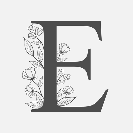 Uppercase Letter E with flowers and branches.のイラスト素材