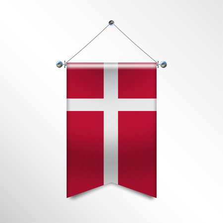 Flag of DANMARK with texture. National banner Flag Hanging on a Silver Metallic Poles. Vertical 3D Pennant template isolated on a white background. Realistic waving flag triangle. Vector illustration.のイラスト素材
