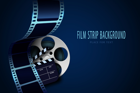 Film reel, clapper board and twisted cinema tape isolated on blue background. Movie poster template with sample text for cinema design. Cinematography concept. Vector illustration.のイラスト素材