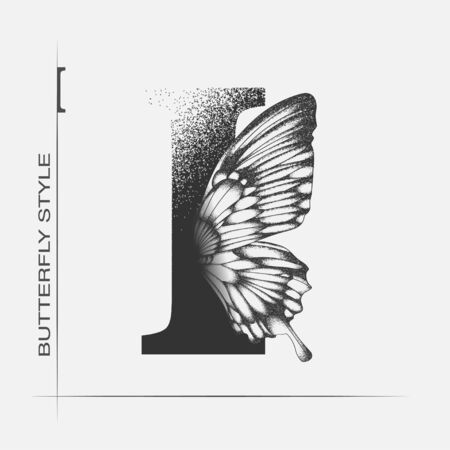 Letter I with butterfly silhouette. Monarch wing butterfly logo template isolated on white background. Calligraphic hand drawn lettering design. Alphabet concept. Monogram vector illustrationのイラスト素材