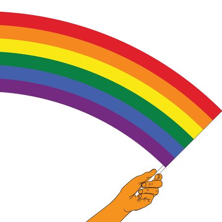Hand holding and raising rainbow lgbt flag. Symbol of LGBT community include of lesbian, gay, bisexual, and transgender. Gay pride parade month. Happy pride day banner. Vector illustrationのイラスト素材