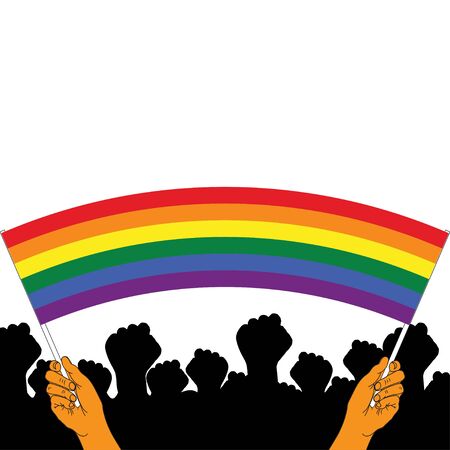 Hands holding LGBT pride flag. Rainbow flag as international symbol lesbian, gay, bisexual and transgender. Gay pride parade month. LGBT rights concept. Modern parades poster, banner, card, template.のイラスト素材