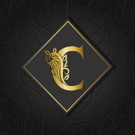 Golden letter C with elegant floral contour isolated on colorful separate background. Premium letter A or background great for logo, monogram, invitation, flyer, menu, brochure, card, cover, fashion.のイラスト素材