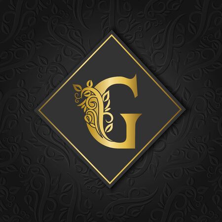 Golden letter G with elegant floral contour isolated on colorful separate background. Premium letter A or background great for logo, monogram, invitation, flyer, menu, brochure, card, cover, fashion.のイラスト素材