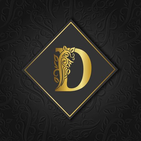 Golden letter D with elegant floral contour isolated on colorful separate background. Premium letter A or background great for logo, monogram, invitation, flyer, menu, brochure, card, cover, fashion.のイラスト素材