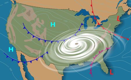 Weather map of the United States of America. Meteorological forecast . Editable vector illustration of a generic weather map showing with tornado, isobars and weather fronts.のイラスト素材