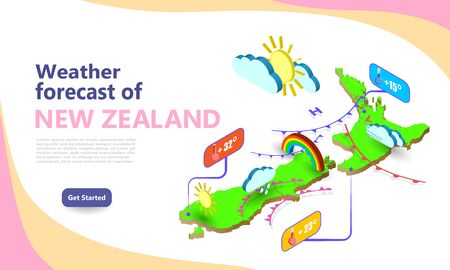 Weather forecast map of NEW ZEALAND. Isometric set icons location on country. Vector widgets layout of a meteorological application. Illustration of meteo pictograms for web, graphic, infographic.のイラスト素材
