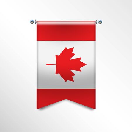 Flag of CANADA with texture. National banner Flag Hanging on a Silver Metallic Poles. Vertical 3D Pennant template isolated on a white background. Realistic waving flag triangle. Vector illustrationのイラスト素材