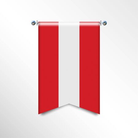 Flag of AUSTRIA with texture. Realistic banner Hanging on a Silver Metallic Poles. Triangle flag hanging. Vertical austrian icon template isolated on a white background. National flag concept.のイラスト素材