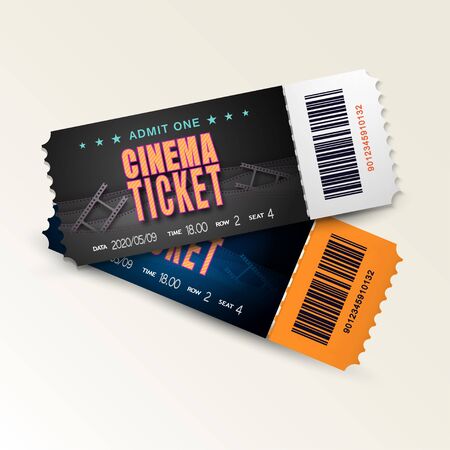 Two cinema tickets isolated on white background. Pair movie entrance ticket. Realistic 3D template set for Cinema, Theatre, Concert, Party, Event or Festival. Vector illustration close up front view.のイラスト素材