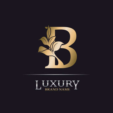Golden Initial Letter B. Elegant design letter B with floral branch. Luxury Gold Logo Icon. Vintage alphabet concept with floral ornate for monogram, initial, logo, heraldy, business, wedding card.のイラスト素材