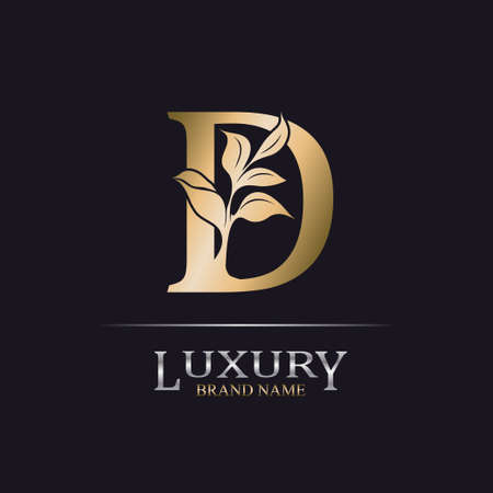 Golden Initial Letter D. Elegant design letter D with floral branch. Luxury Gold Logo Icon. Vintage alphabet concept with floral ornate for monogram, initial, logo, heraldy, business, wedding card.のイラスト素材