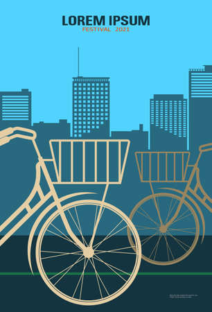 Template poster for festival. Vintage bicycles on blue futuristic cityscape background. Retro cinema background. Film festival template for advertisement, poster, brochure, banner, flyer, leafletのイラスト素材