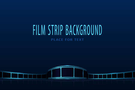 Realistic Cinema Background. 3D film strip in perspective. Film reel frame isolated on blue background. Vector template cinema festival with place for text. Movie design for brochure, poster, banner or flyer.のイラスト素材