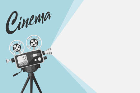 Detailed retro movie projector with film reels. Cinema background. Film festival template for banner, flyer, poster in retro style. Old movie projector with place for your text. Movie time concept.のイラスト素材