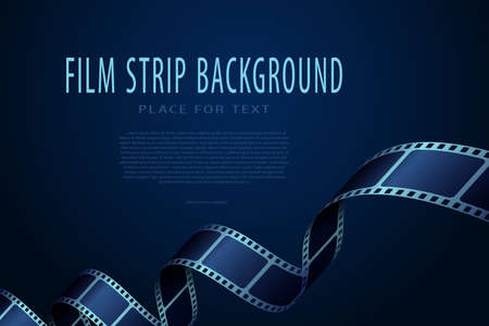 Realistic 3D cinema film strip in perspective isolated on blue background. Festive design cinema film frame with place for text. Vector template movie for festival, ticket, advertising, banner, flyerのイラスト素材